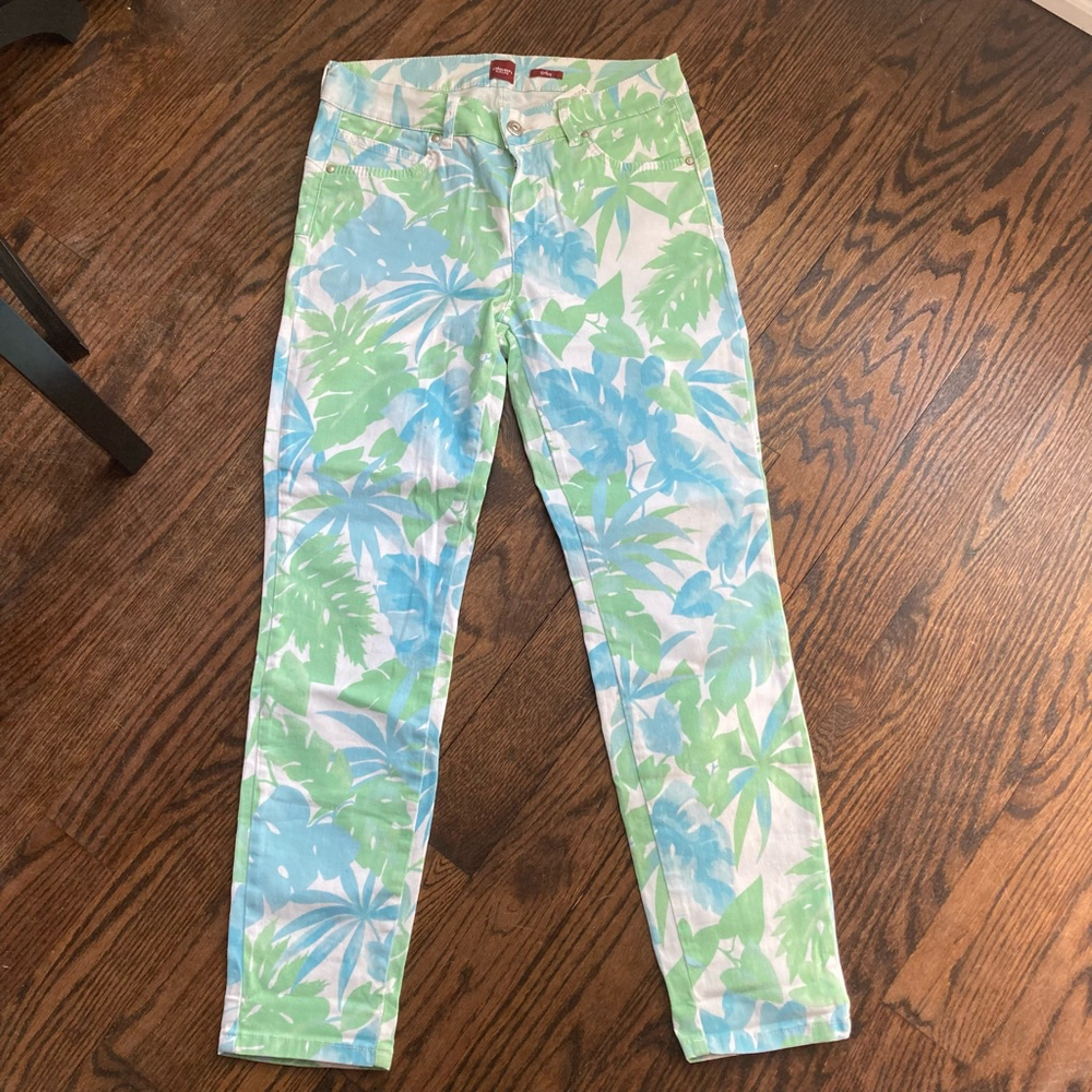 ❤️ 2 for $10 ❤️ Women's Olsen Europe Floral Print Jeans Size 8 White Green Blue